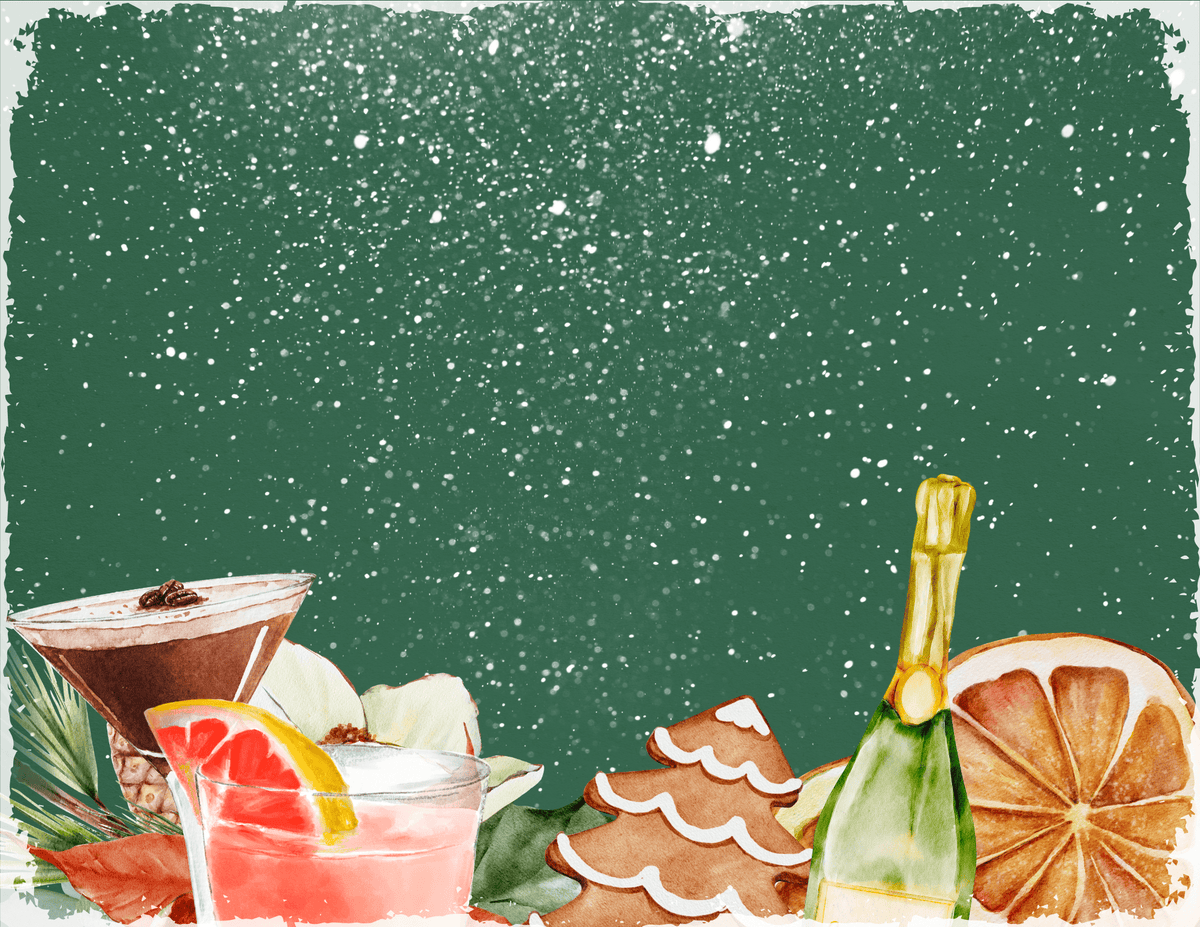 Watercolor holiday illustration with cocktails, champagne bottle, gingerbread cookies, and citrus on a snowy green background