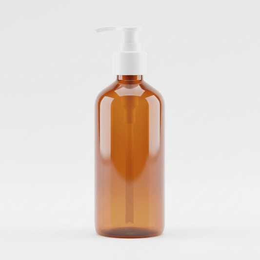 Amber glass bottle with plastic pump