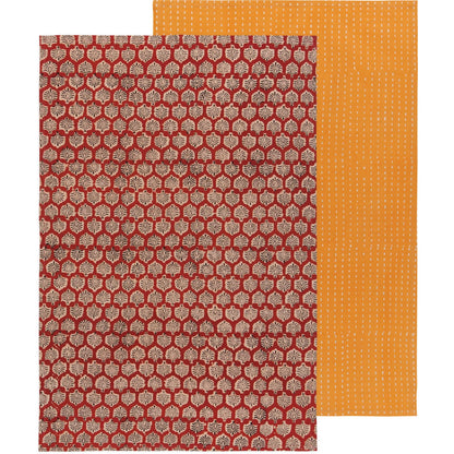 Hand Block-Printed Cotton Kitchen Tea Towels - Field Set of 2