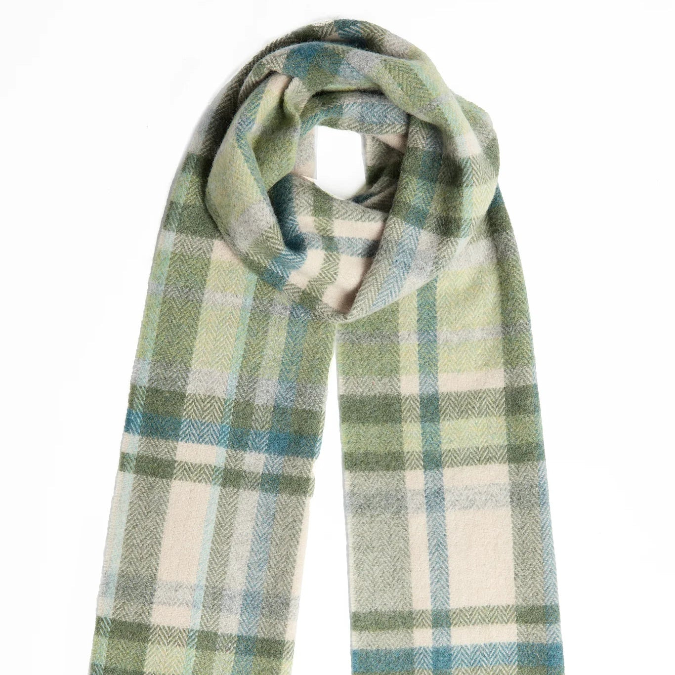 Green, Turquoise & Cream Tartan Lambswool Scarf