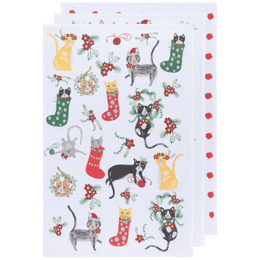 Tea Towels Floursack 100% Cotton - Meowy Xmas Set of 3