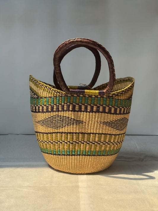 African Market Shopping Basket - Bolga Green & Navy