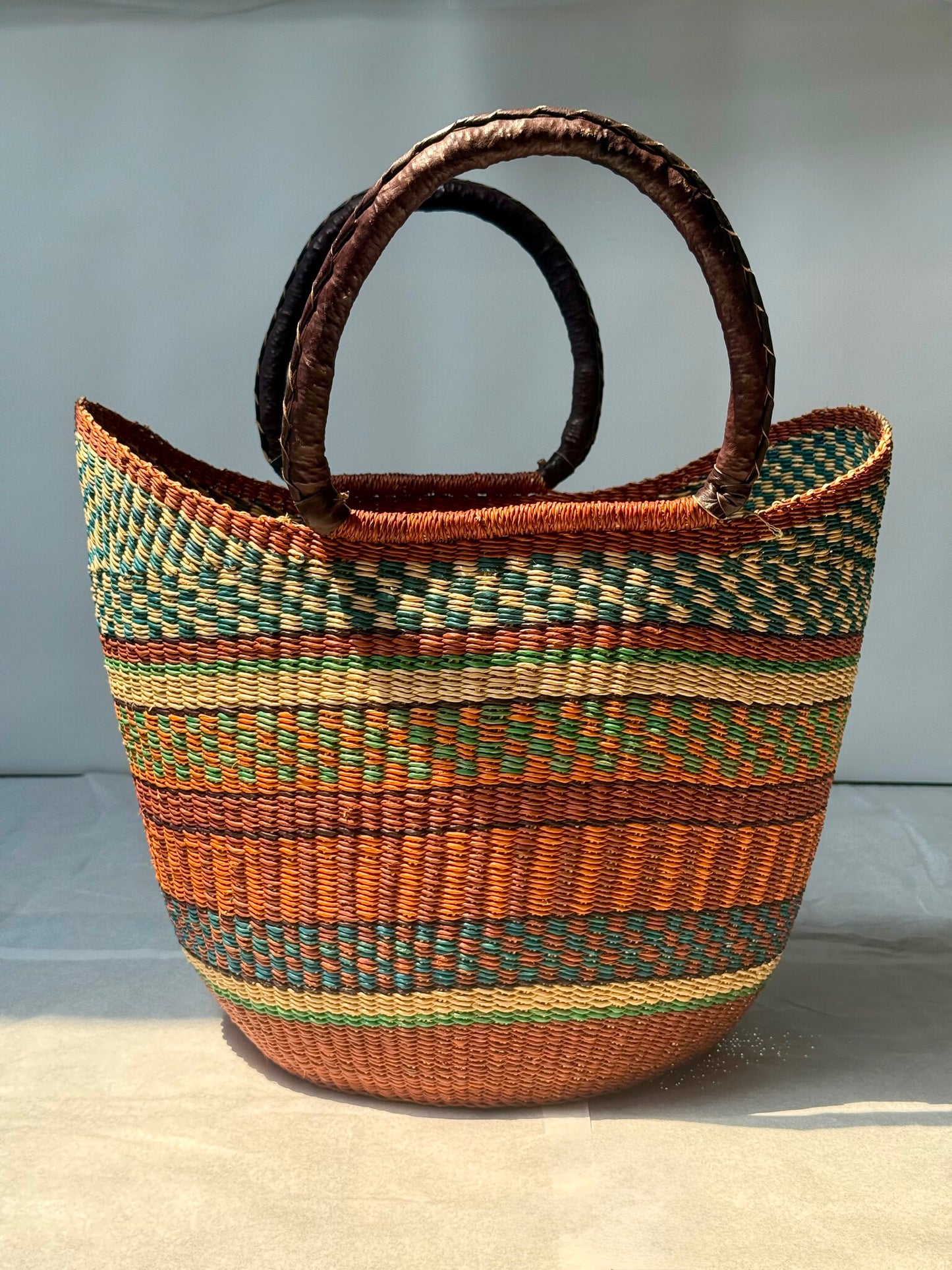 African Market Shopping Basket - Bolga Green & Orange