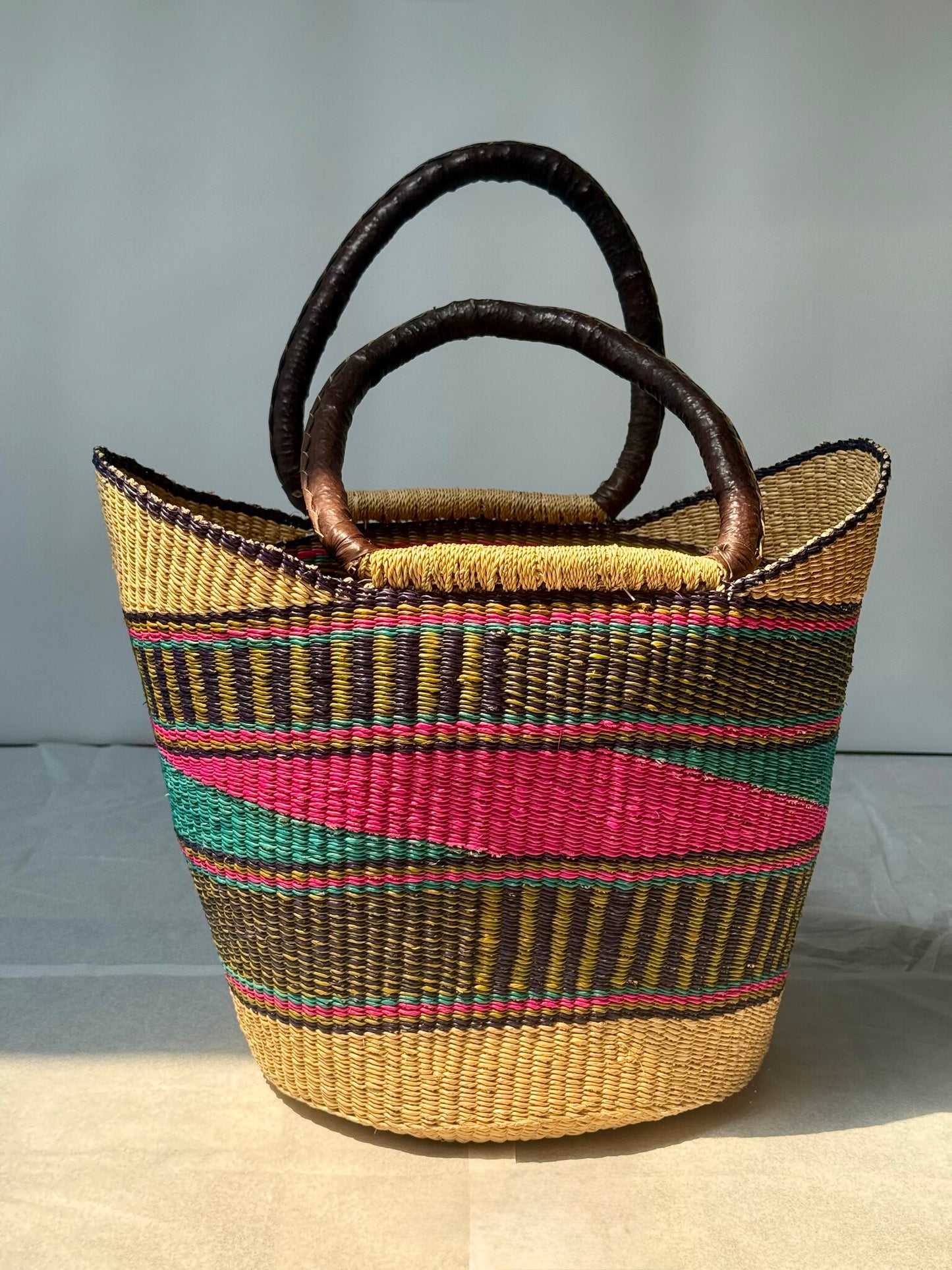 African Market Shopping Basket - Bolga Pink & Teal