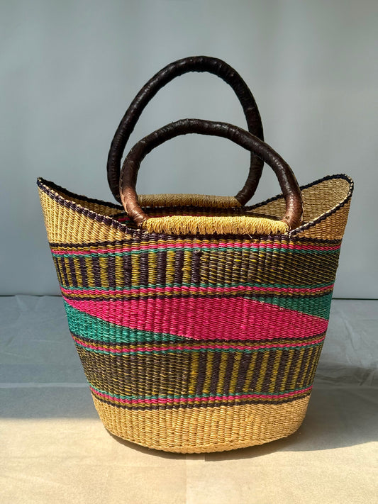 African Market Shopping Basket - Bolga Pink & Teal