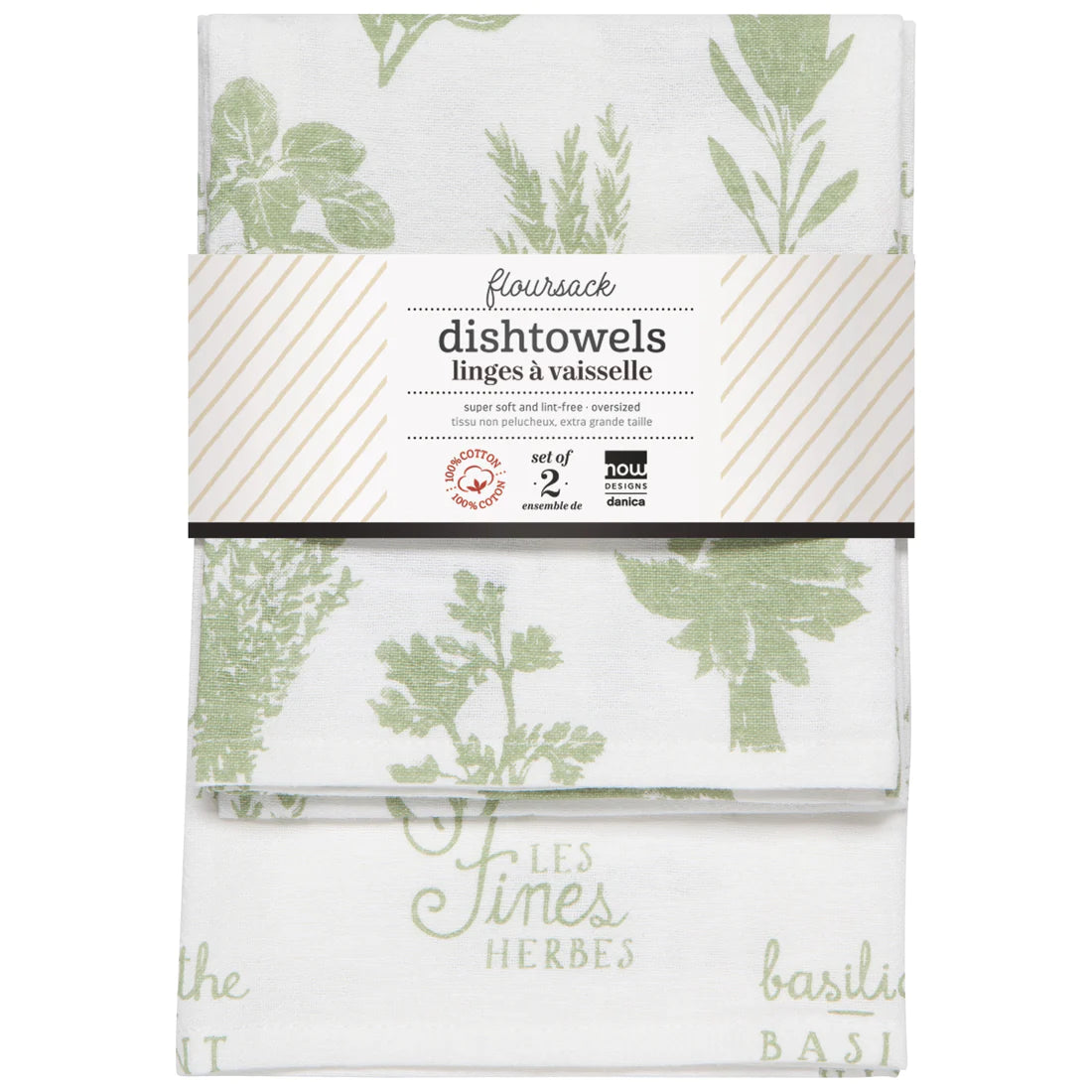 Tea Towels Floursack 100% Cotton - Set of 2 Herbs Print Sage Green
