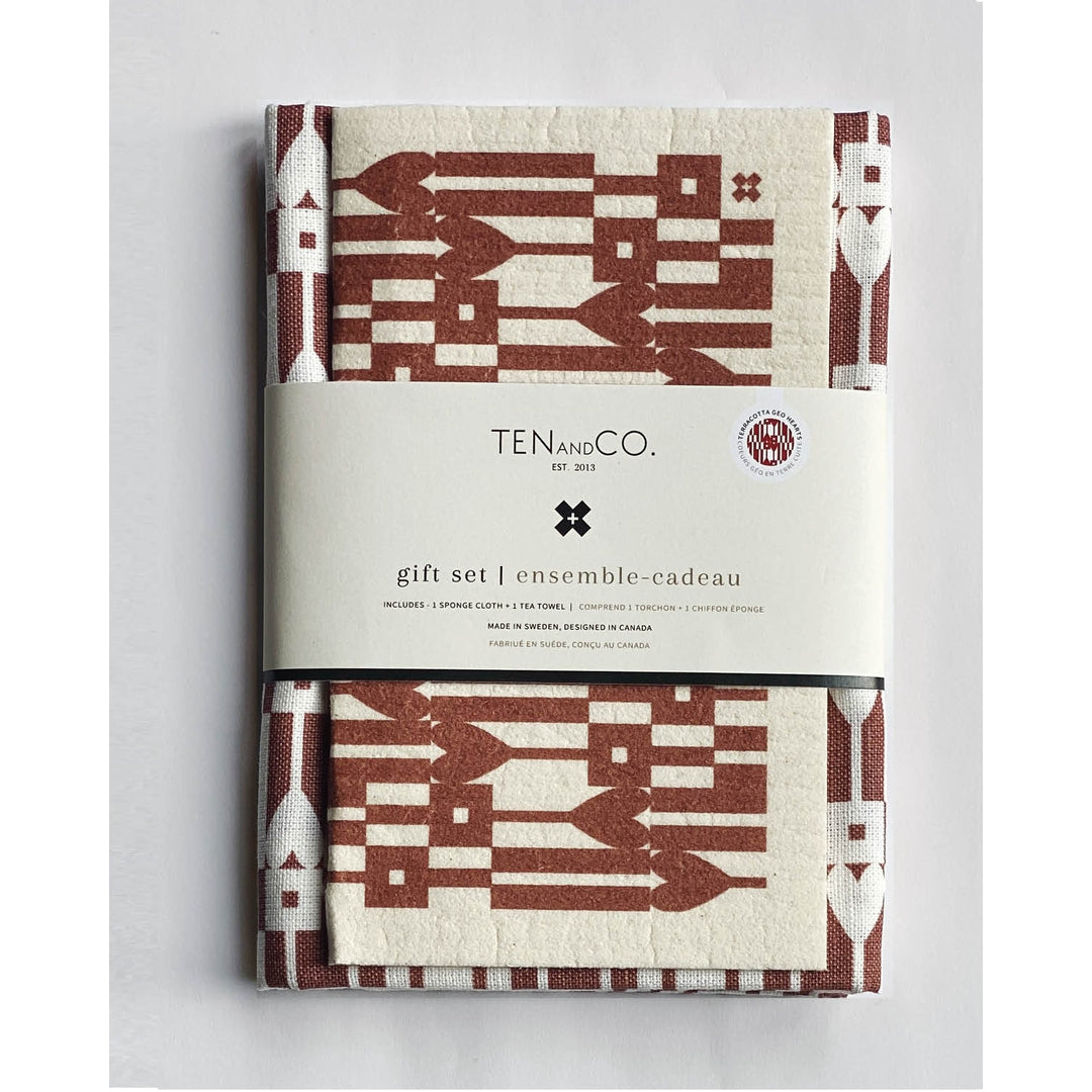 Swedish Sponge Cloth and Tea Towel Gift Set - Geo Hearts Terracotta by Ten & Co Kitchen Ten and Co Prettycleanshop