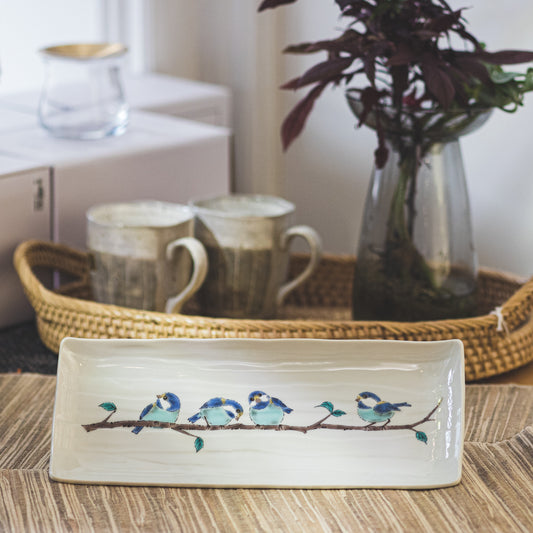 Kutani Ware Chickadees Japanese Porcelain Rectangular Plate