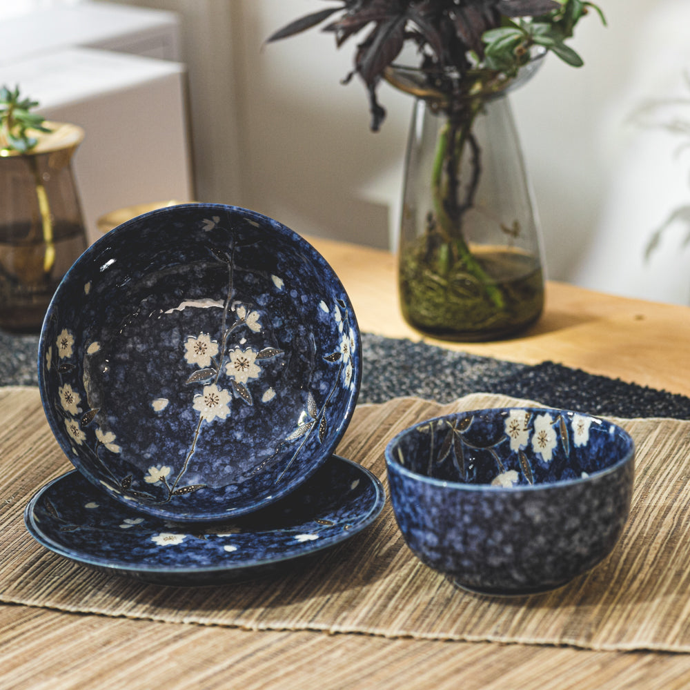 Mino Yaki Blue Sakura Japanese Porcelain Bowl