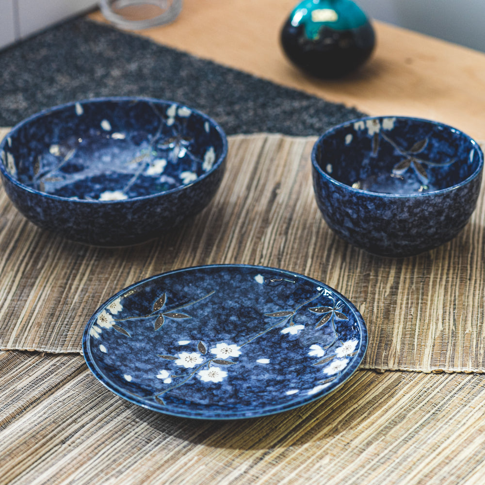 Mino Yaki Blue Sakura Japanese Porcelain Flat Plate