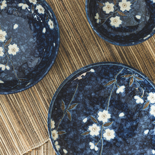 Mino Yaki Blue Sakura Japanese Porcelain Dipping Dish