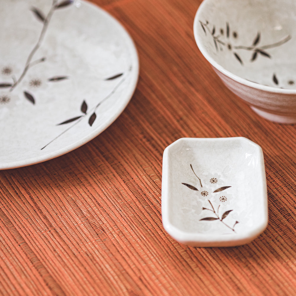 Mino Yaki White Sakura Japanese Porcelain Rectangular Dipping Dish