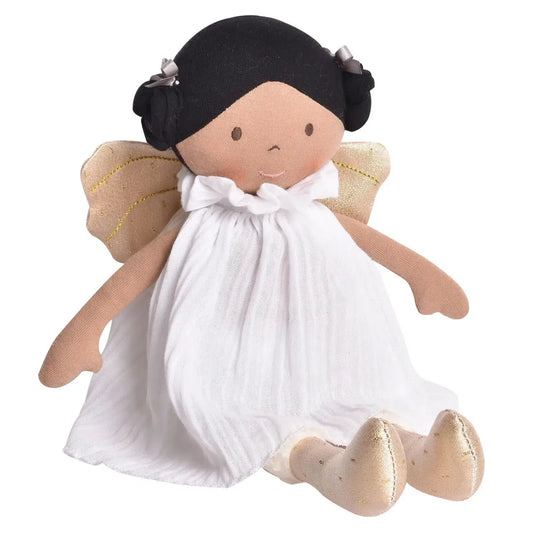 Aurora - Dark Skin Bonikka Doll in White Organic dress and Gold Wings Kids Tikiri Toys Prettycleanshop