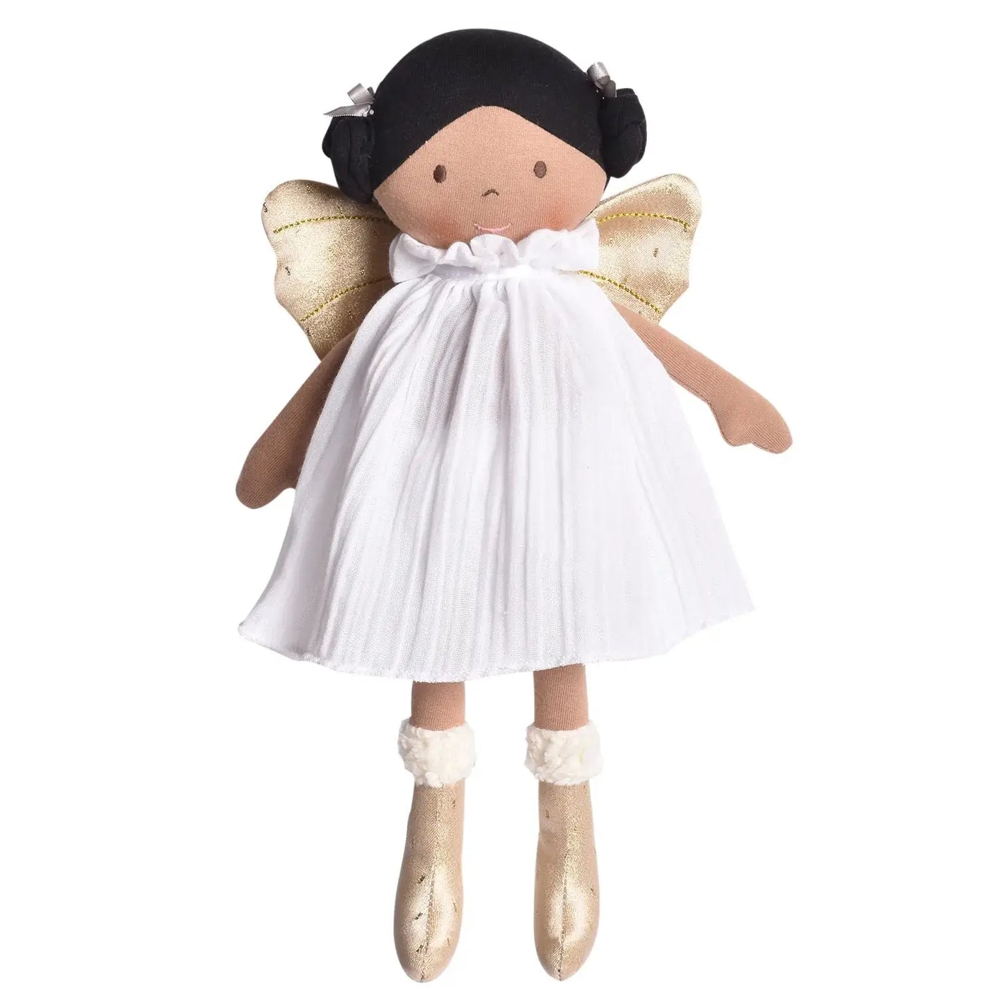Aurora - Dark Skin Bonikka Doll in White Organic dress and Gold Wings Kids Tikiri Toys Prettycleanshop