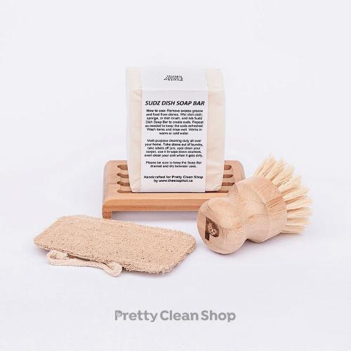 Dish Washing Set Bamboo - with solid dish soap bar Kitchen Pretty Clean Shop Set with vegan pot brush Prettycleanshop