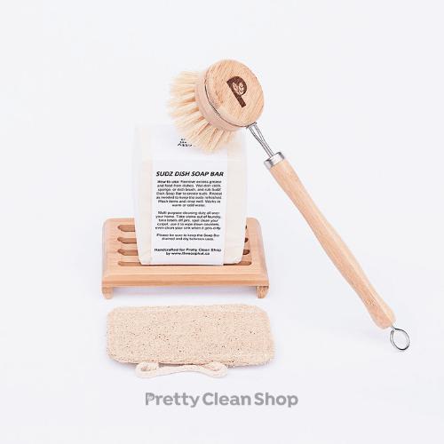 Dish Washing Set Bamboo - with solid dish soap bar Kitchen Pretty Clean Shop Set with vegan tampico dish brush Prettycleanshop