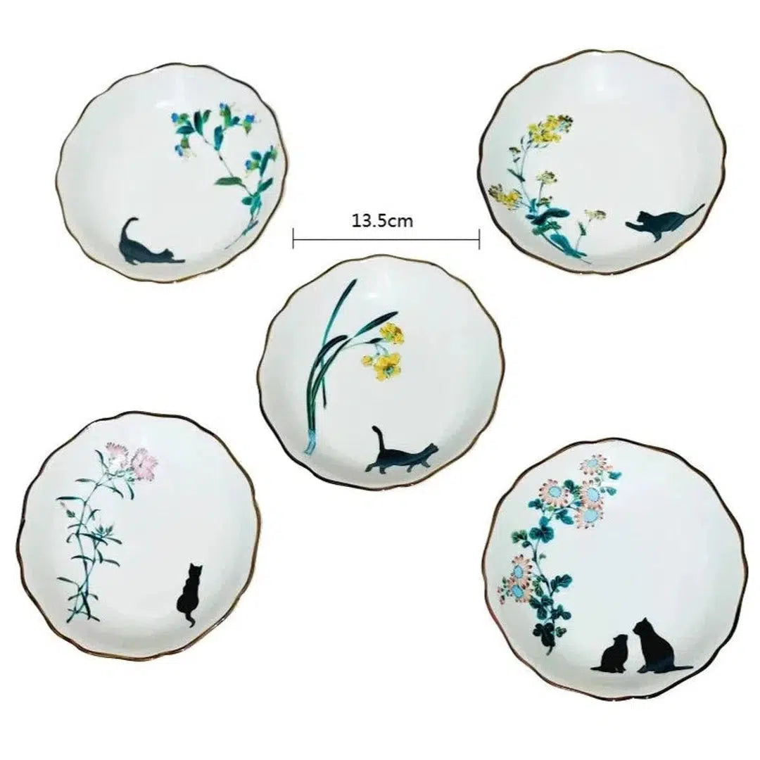 Kutani Ware Japanese Porcelain Cat Dish Kitchen Japanese Porcelain Set of 5 (assorted prints) Prettycleanshop