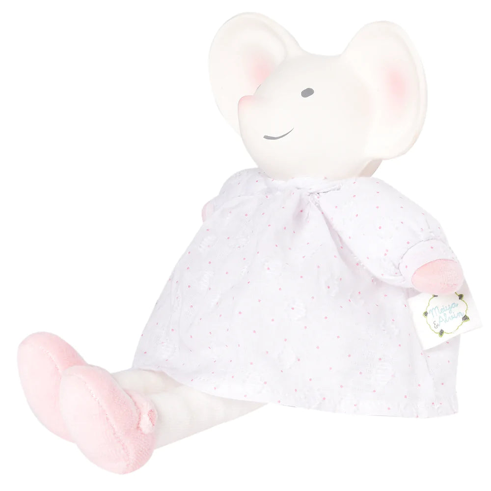 Meiya the Mouse Toy in White Dress with Natural Rubber Teether Head Baby and Kids Tikiri Toys Prettycleanshop