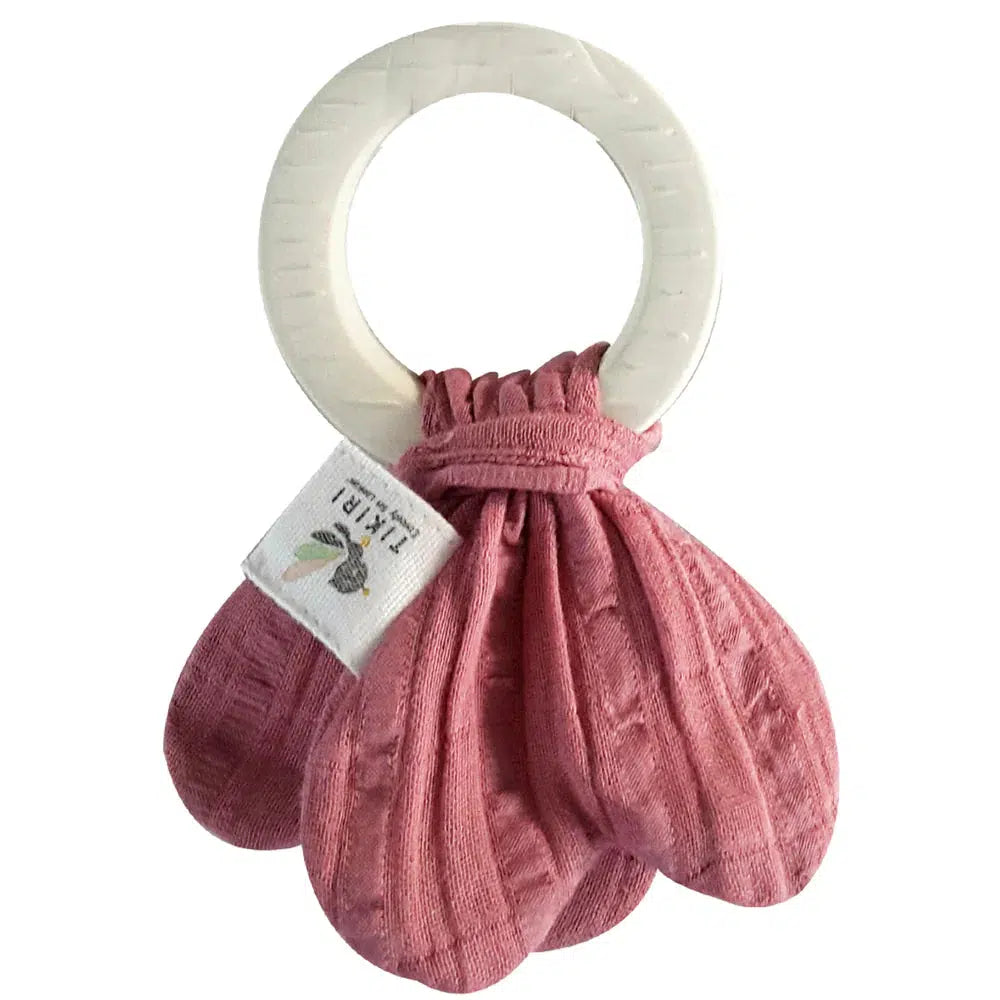 Rubber Teething Ring with Dusty Pink Muslin Tie Baby and Kids Tikiri Toys Prettycleanshop