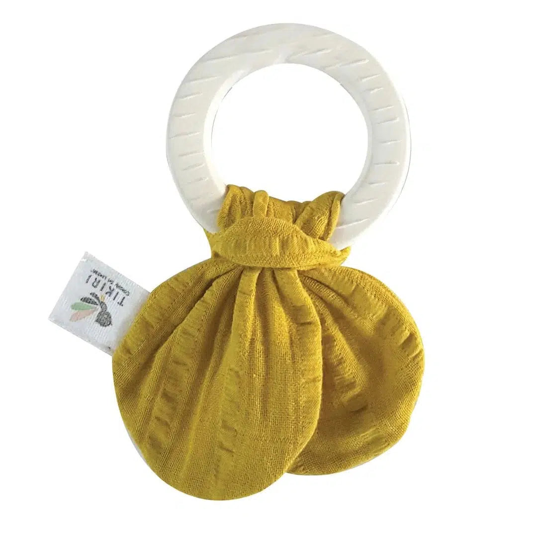 Rubber Teething Ring with Yellow Mustard Muslin Tie Baby and Kids Tikiri Toys Prettycleanshop