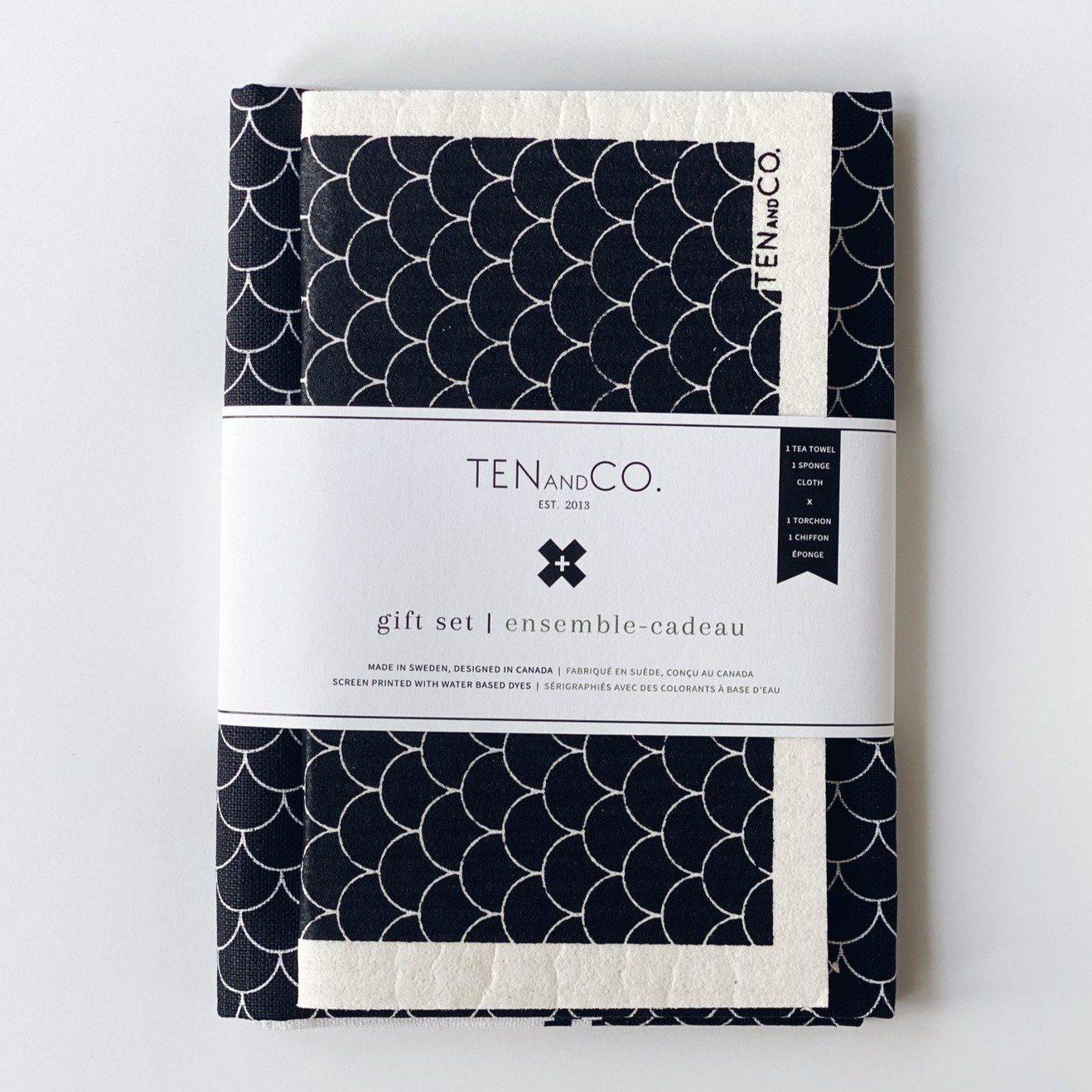 Swedish Sponge Cloth and Tea Towel Gift Set - Scallop Black by Ten & Co Kitchen Ten and Co Prettycleanshop