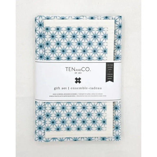 Swedish Sponge Cloth and Tea Towel Gift Set - Starburst blue and white by Ten & Co Kitchen Ten and Co Prettycleanshop